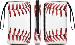 Women's PU Leather Long Wallet, Zipper Travel Credit Card Holder White Baseball Red Stripes Card Organizer Purse with Multiple Card Slots