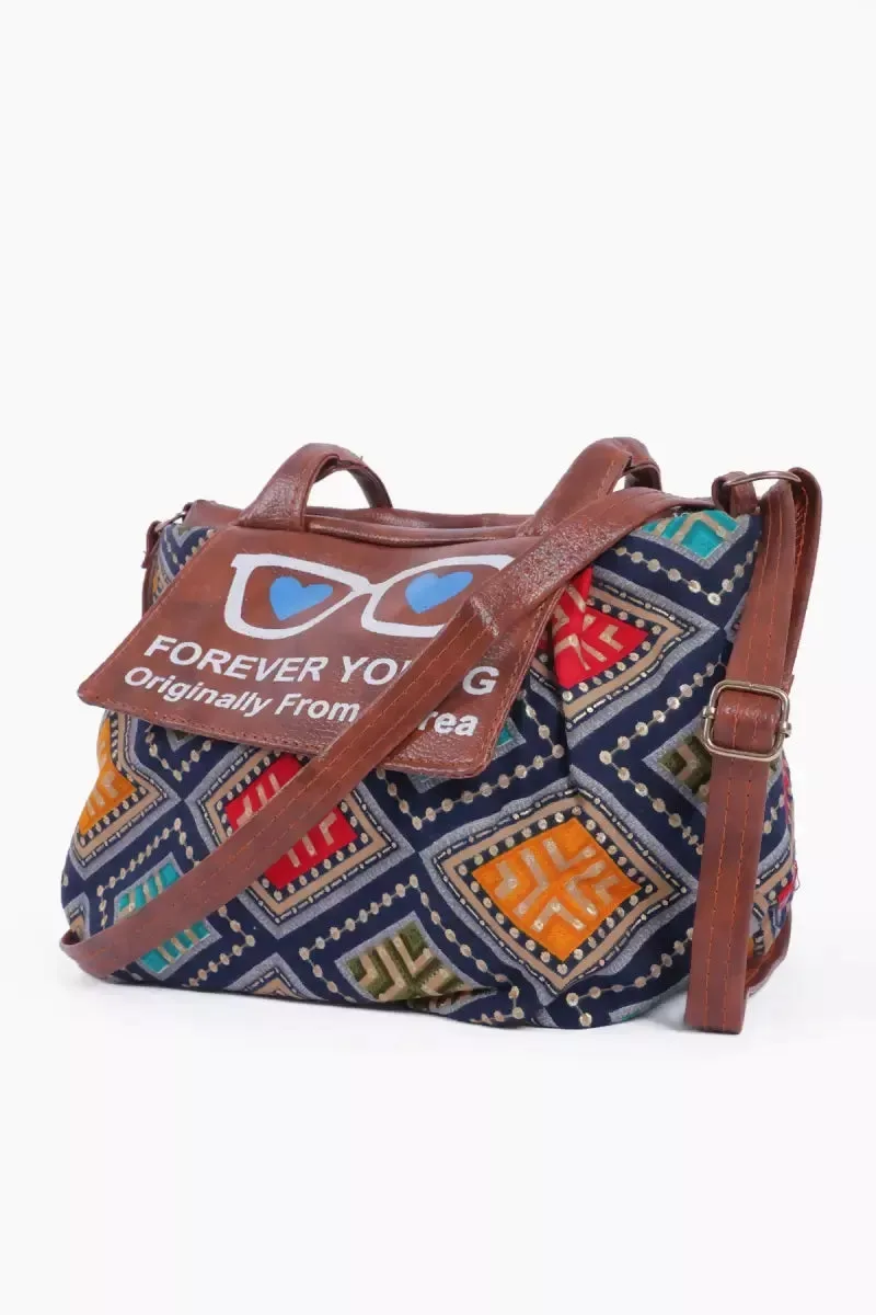 Women’s PU Leather Printed Sling Bag - Navy Blue