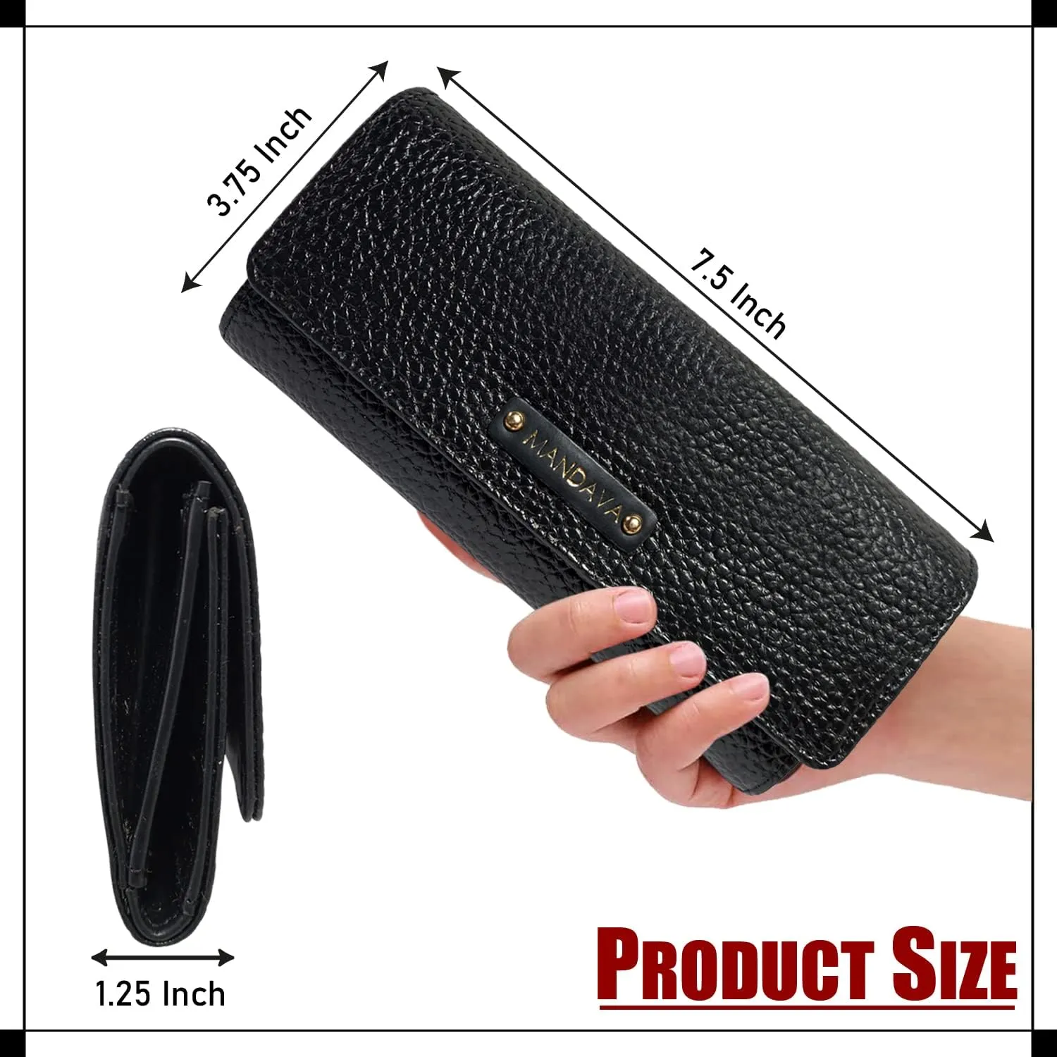Women's PU Leather Slim Wallet | Ladies Compact Card Holder Trifold Long Purse (Black)