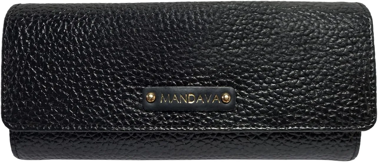 Women's PU Leather Slim Wallet | Ladies Compact Card Holder Trifold Long Purse (Black)