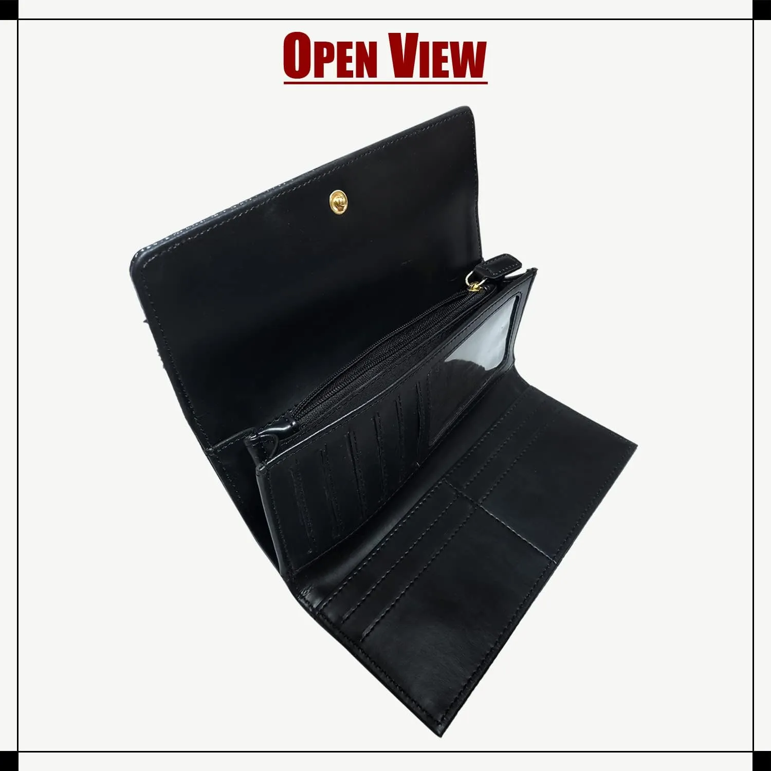 Women's PU Leather Slim Wallet | Ladies Compact Card Holder Trifold Long Purse (Black)