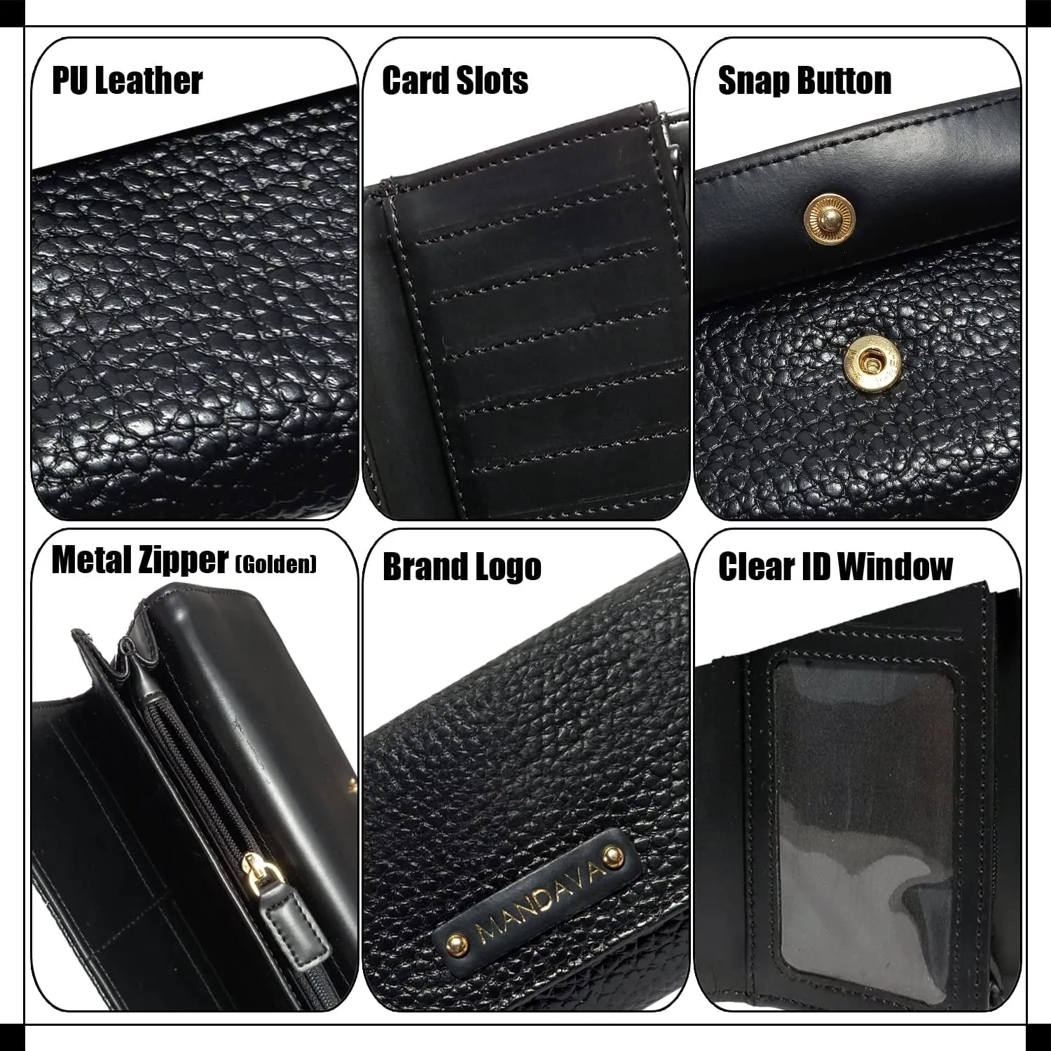 Women's PU Leather Slim Wallet | Ladies Compact Card Holder Trifold Long Purse (Black)