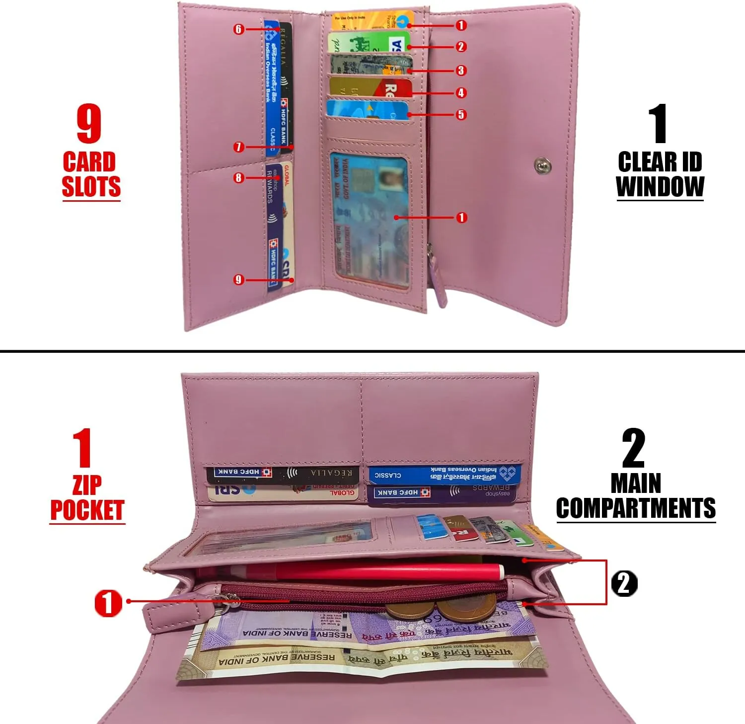 Women's PU Leather Slim Wallet | Ladies Compact Card Holder Trifold Long Purse (Mauve)