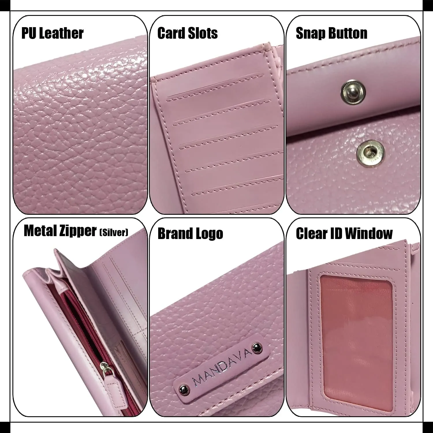 Women's PU Leather Slim Wallet | Ladies Compact Card Holder Trifold Long Purse (Mauve)