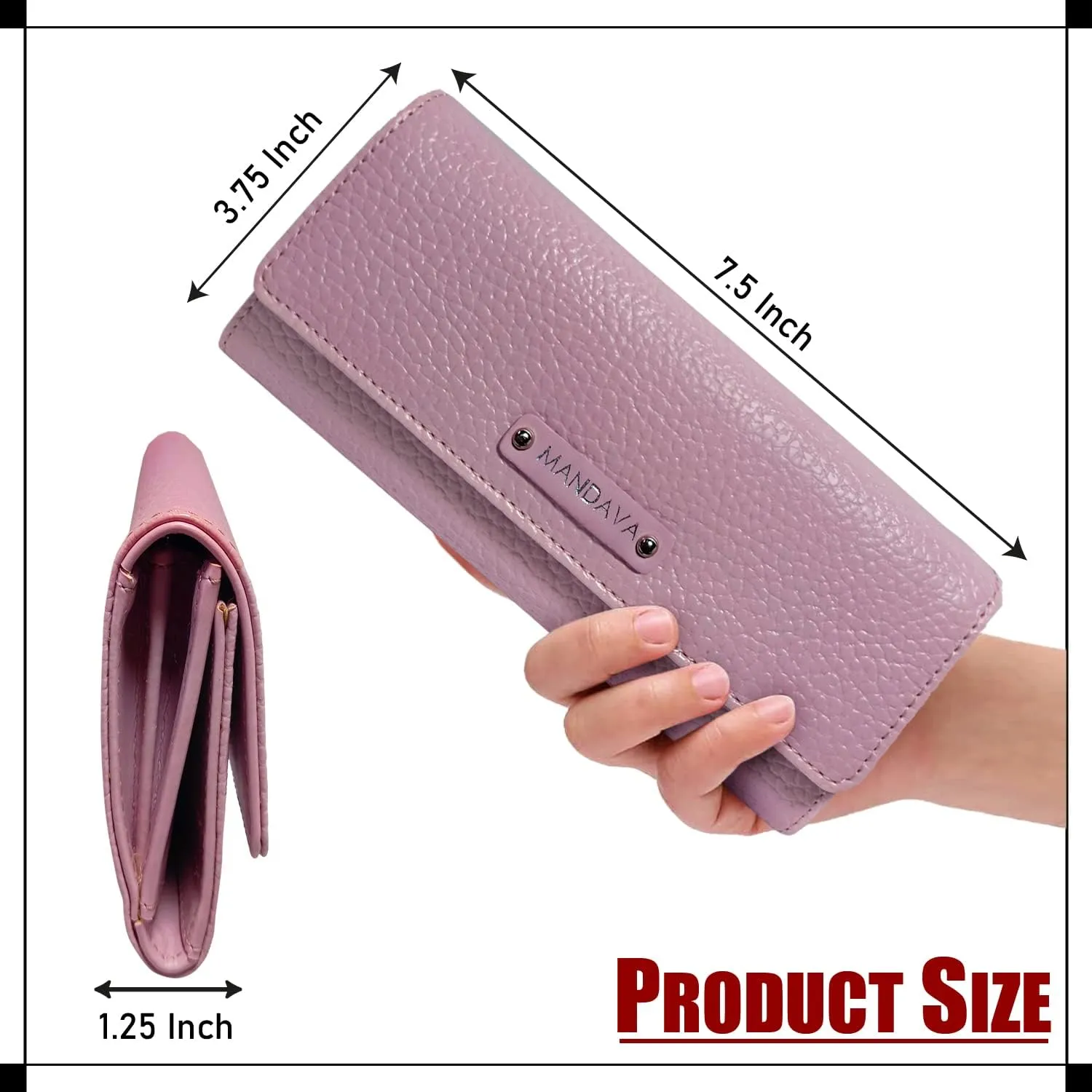 Women's PU Leather Slim Wallet | Ladies Compact Card Holder Trifold Long Purse (Mauve)