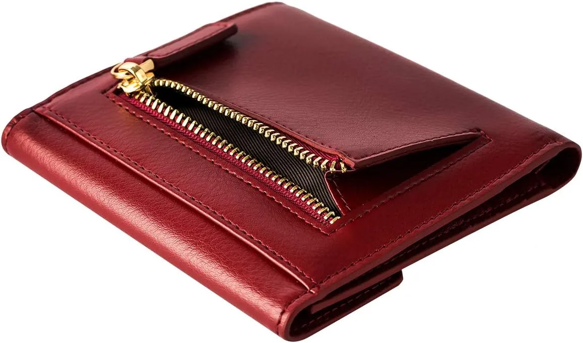 Women's Small Compact Bifold Pocket Wallet, Made of Finest Genuine Leather (Red)