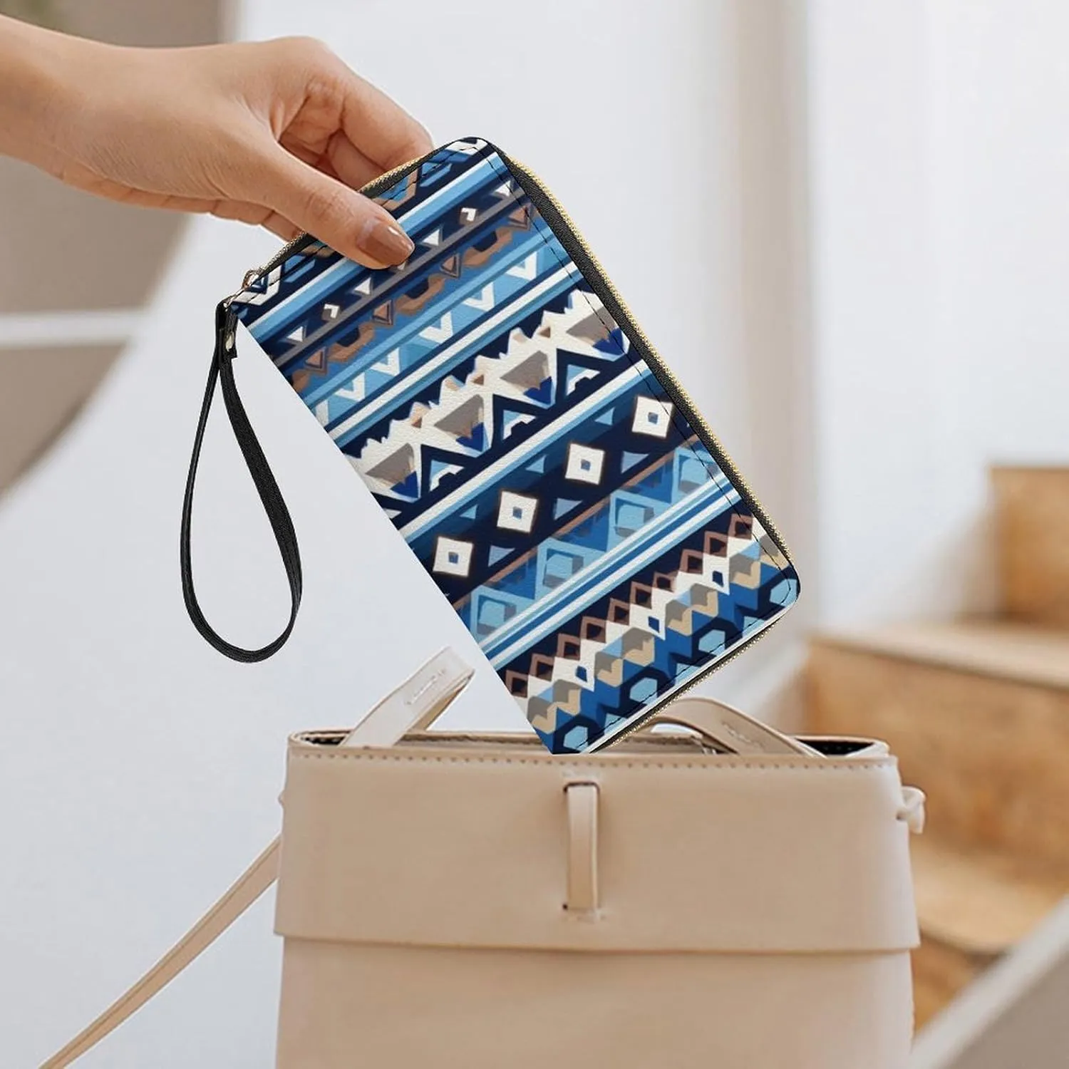 Womens Wallet PU Leather, Colorful Surf Blue Tribal Navajo Aztec Geometric Ethnic Pattern Women's Large Capacity Card Case, Travel Long Purse Wristlet for Valentine's Day, Thanksgiving, Birthday