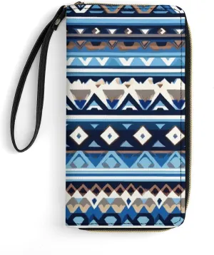 Womens Wallet PU Leather, Colorful Surf Blue Tribal Navajo Aztec Geometric Ethnic Pattern Women's Large Capacity Card Case, Travel Long Purse Wristlet for Valentine's Day, Thanksgiving, Birthday