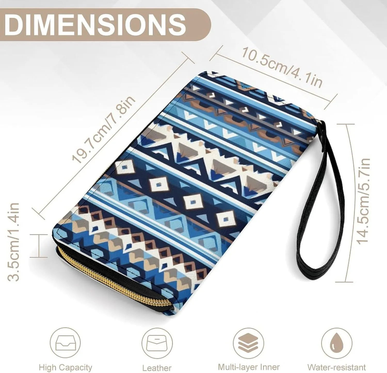 Womens Wallet PU Leather, Colorful Surf Blue Tribal Navajo Aztec Geometric Ethnic Pattern Women's Large Capacity Card Case, Travel Long Purse Wristlet for Valentine's Day, Thanksgiving, Birthday