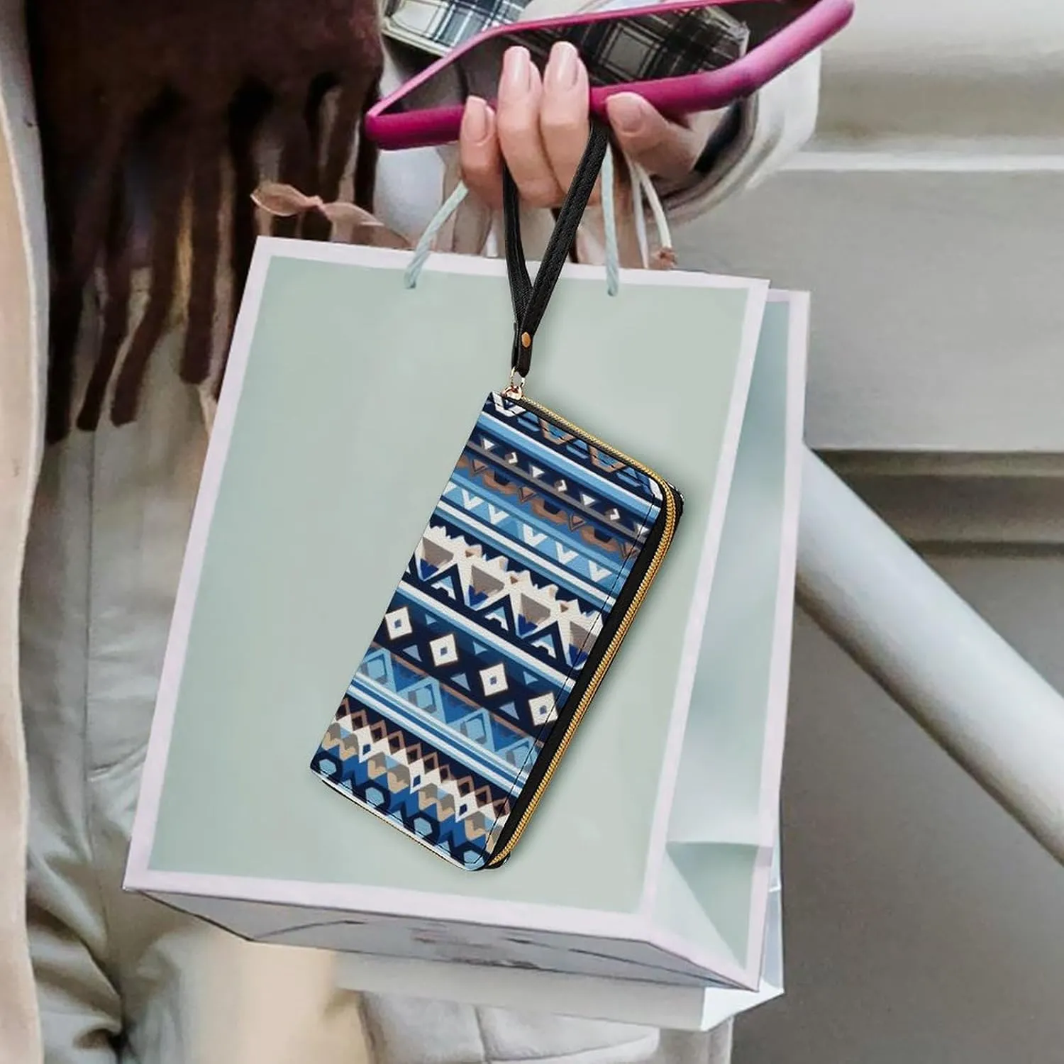Womens Wallet PU Leather, Colorful Surf Blue Tribal Navajo Aztec Geometric Ethnic Pattern Women's Large Capacity Card Case, Travel Long Purse Wristlet for Valentine's Day, Thanksgiving, Birthday