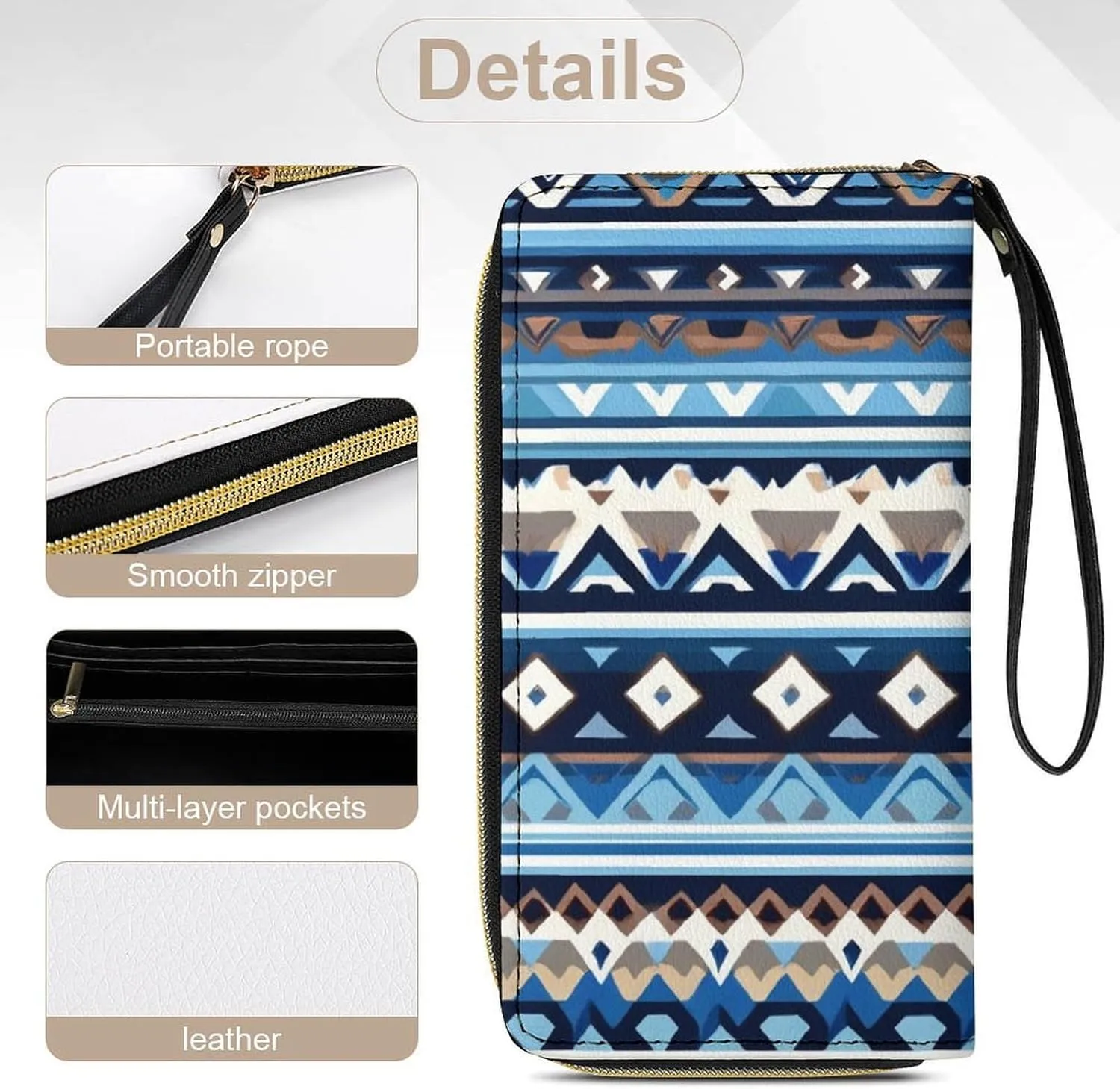 Womens Wallet PU Leather, Colorful Surf Blue Tribal Navajo Aztec Geometric Ethnic Pattern Women's Large Capacity Card Case, Travel Long Purse Wristlet for Valentine's Day, Thanksgiving, Birthday