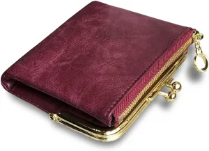 Womens Wallet Small Bifold Rfid Ladies Mini Vintage Coin Purse With Zipper and Kiss Lock (Purple)