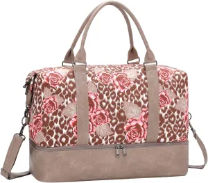 Women's Weekend Travel Bag Canvas Travel Luggage Bag with Shoes Layer Overnight Bag Carrying Fitness Luggage Bag Travel Weekend Hospital Delivery Bag (Three piece Set) (JC-002-Pink leopard print)