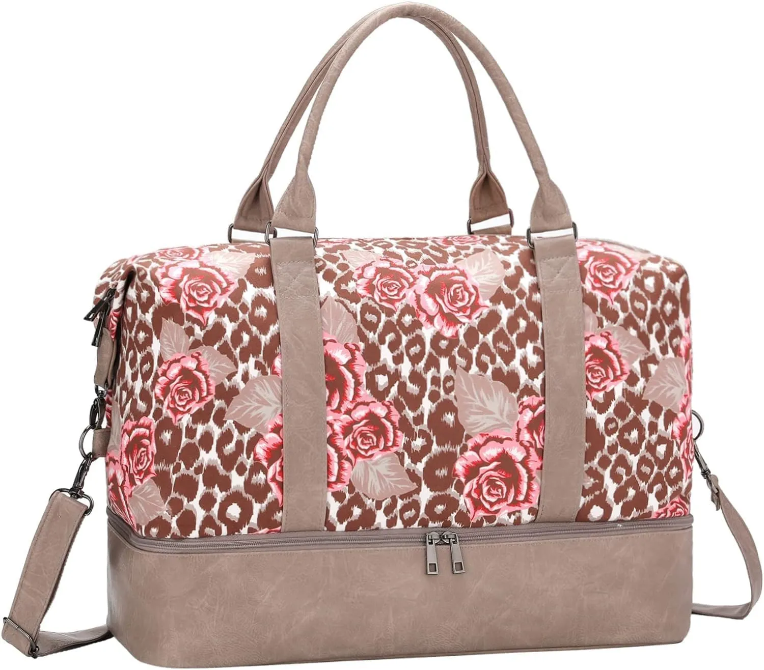 Women's Weekend Travel Bag Canvas Travel Luggage Bag with Shoes Layer Overnight Bag Carrying Fitness Luggage Bag Travel Weekend Hospital Delivery Bag (Three piece Set) (JC-002-Pink leopard print)
