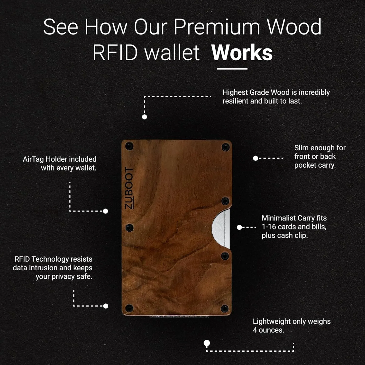 Wood RFID Wallet for Men – Slim Minimalist Front Pocket Card Holder with Cash Clip – Durable RFID-Blocking Wallet with Brown Walnut Grain Finish, Holds 16 Cards (Brown Wood, Cash Clip)