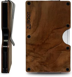 Wood RFID Wallet for Men – Slim Minimalist Front Pocket Card Holder with Cash Clip – Durable RFID-Blocking Wallet with Brown Walnut Grain Finish, Holds 16 Cards (Brown Wood, Cash Clip)