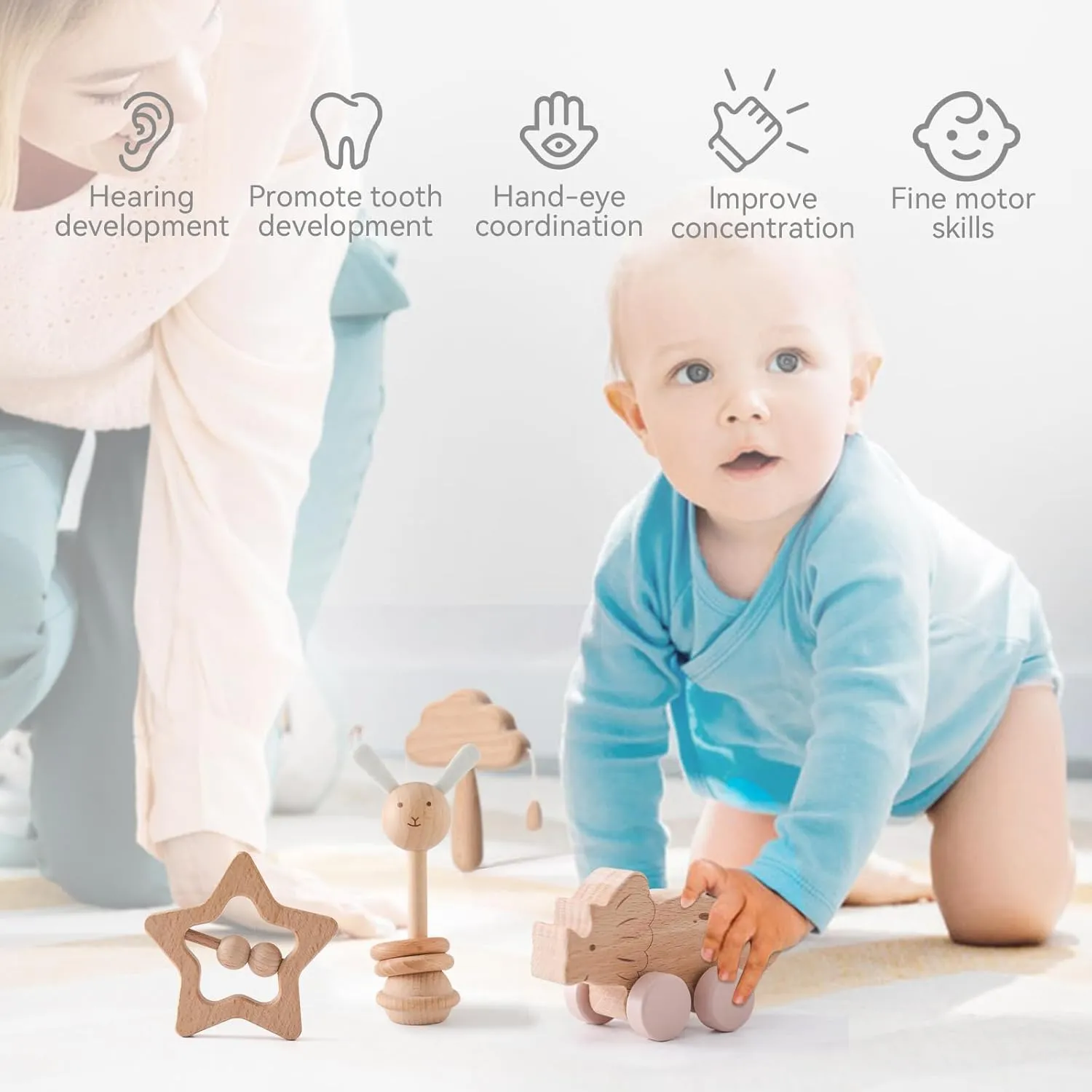Wooden Baby Toys 4 Pcs Montessori Toys Set Wooden Rattles Grasping Toys Wood Ring,Pick-up Dinosaur Car Toy Set