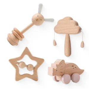 Wooden Baby Toys 4 Pcs Montessori Toys Set Wooden Rattles Grasping Toys Wood Ring,Pick-up Dinosaur Car Toy Set