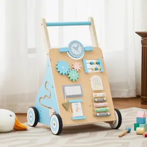 Wooden Baby Walker, Baby Push Walker Adjustable Height and Speed Multiple Learning Activity Walker Baby Walker with Wheels for Girls 6-12 Months, Blue