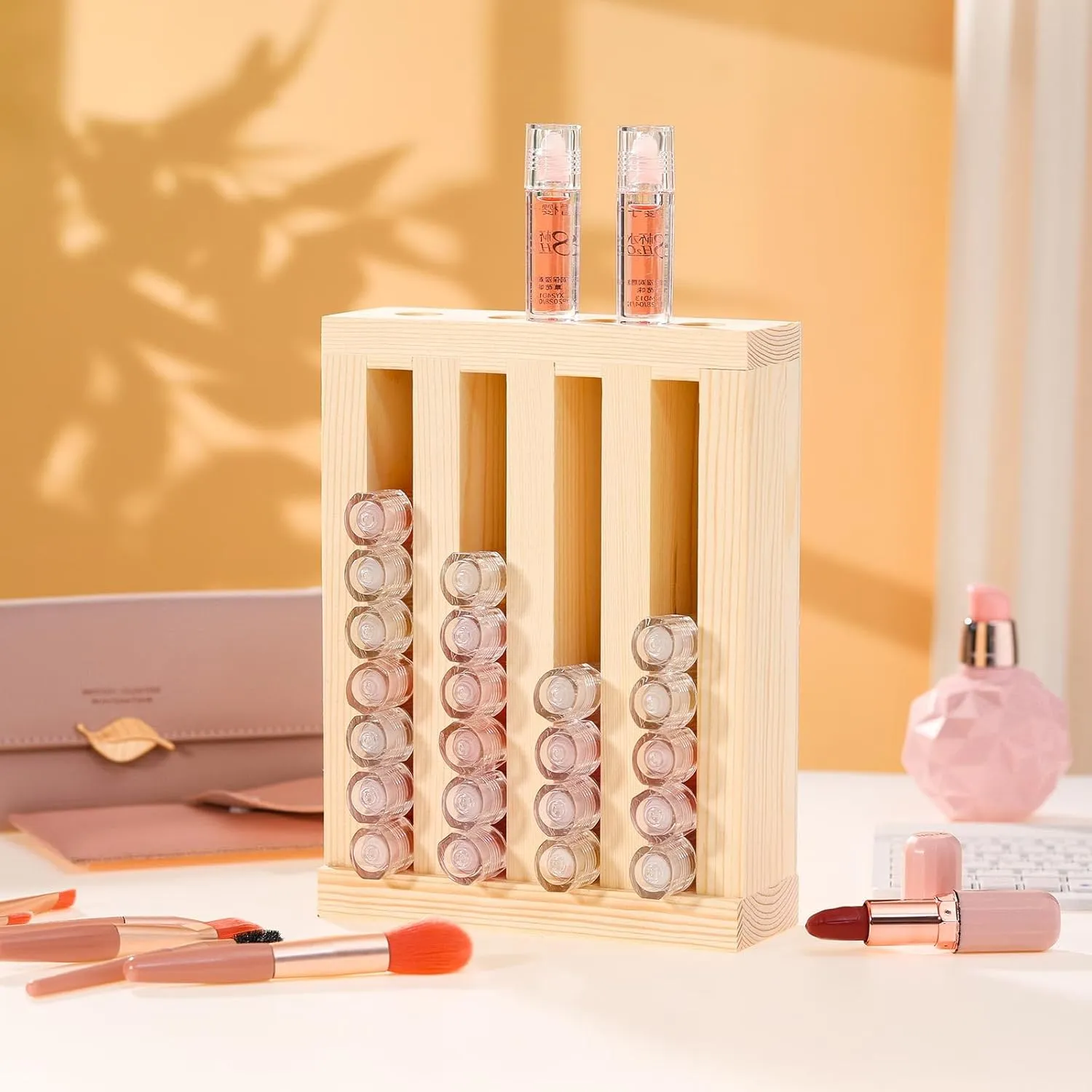 Wooden Lipsticks Holder 0.7 inch Lip Balm Tube Holder Lip Gloss Organizer Display Wood Lipsticks Tube Tower Organizer for Market Craft Booth Room Display(4 Slot)