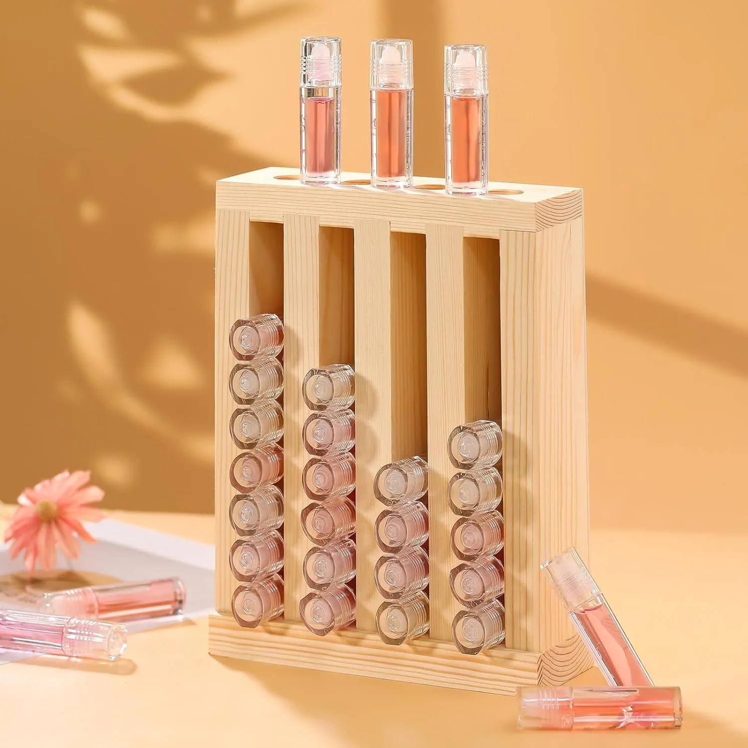 Wooden Lipsticks Holder 0.7 inch Lip Balm Tube Holder Lip Gloss Organizer Display Wood Lipsticks Tube Tower Organizer for Market Craft Booth Room Display(4 Slot)