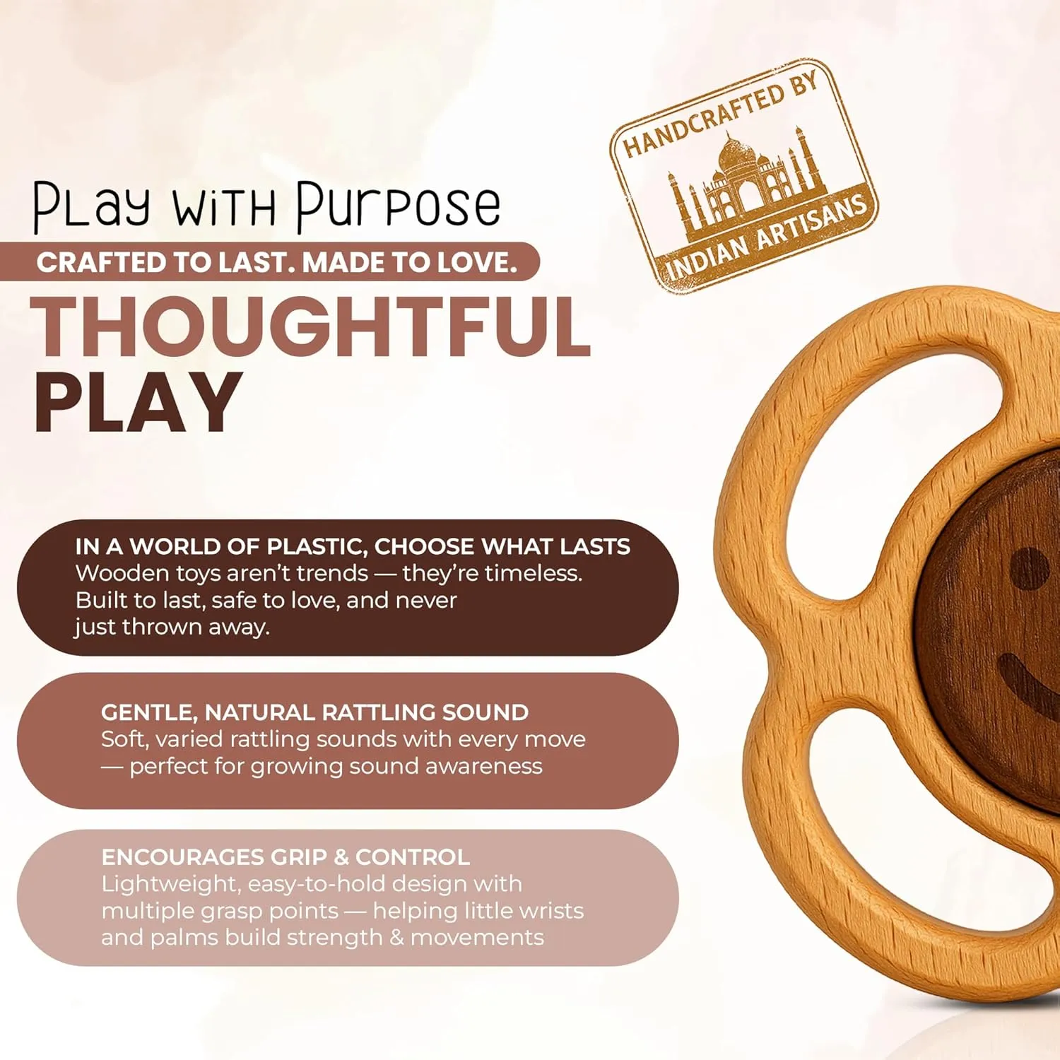 Wooden Rattle for Baby – Natural, Safe & Purposeful Play in a Fast World | A Back-to-Basics Toy Handcrafted in India by HippoToys