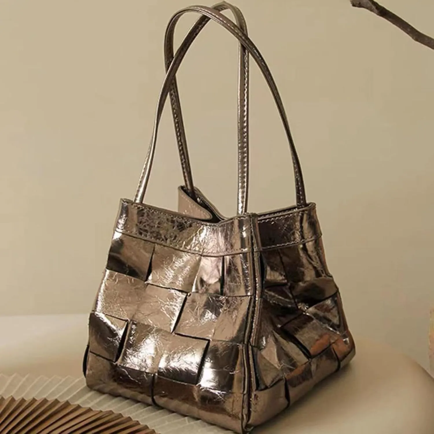 Woven bucket shouler bag for Women,Tote Vegan Leather Handbags, Large-capacity crossbody bag.purse,soft Casual Hobo