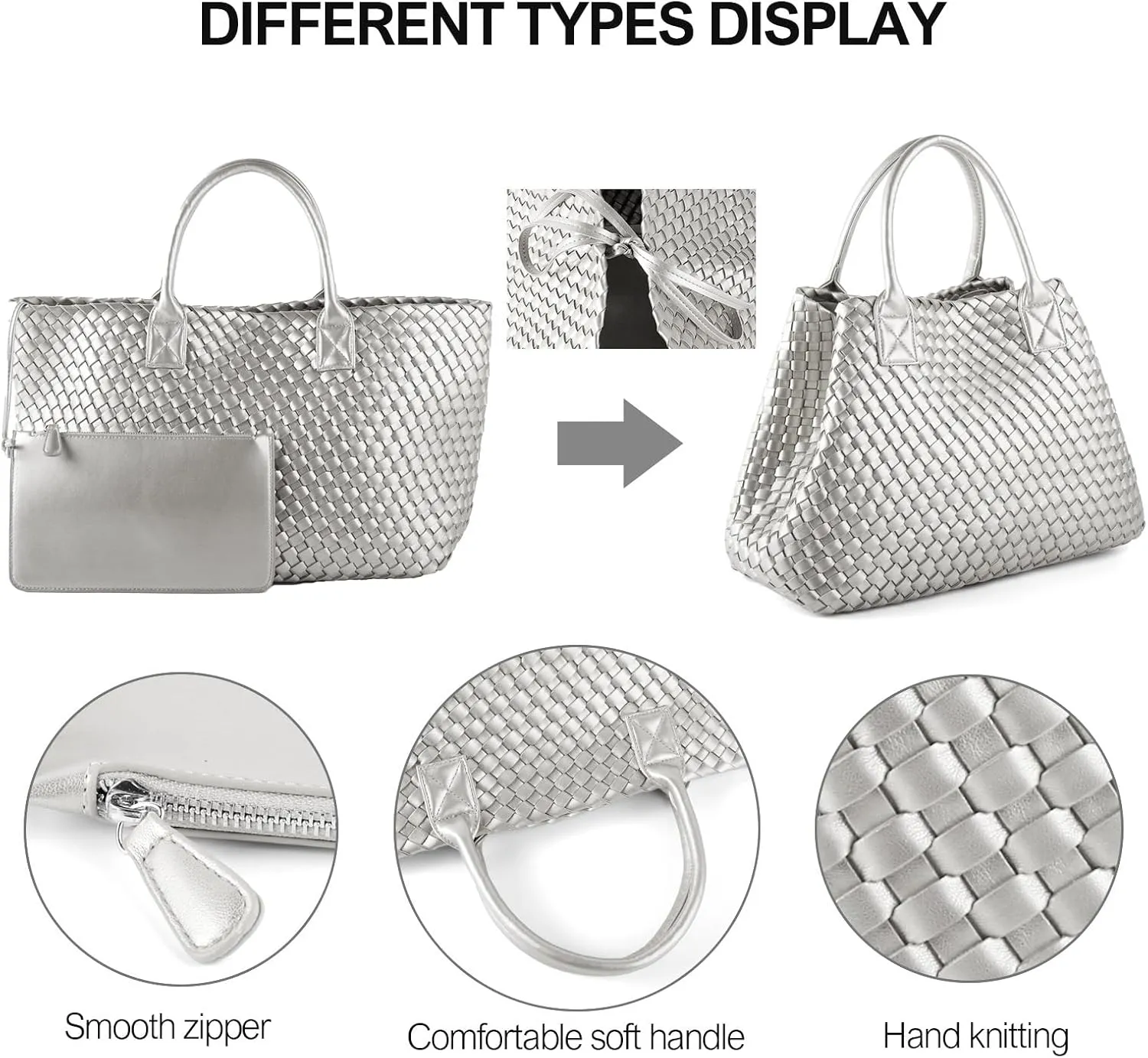 Woven Tote Bag for Women Retro Handwoven Shoulder Travel Handbag Large Capacity Hobo Vegan Leather Bags with Purse