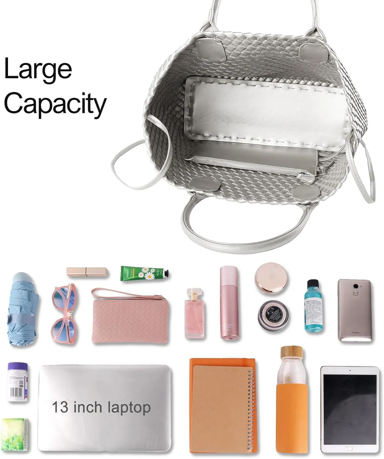 Woven Tote Bag for Women Retro Handwoven Shoulder Travel Handbag Large Capacity Hobo Vegan Leather Bags with Purse