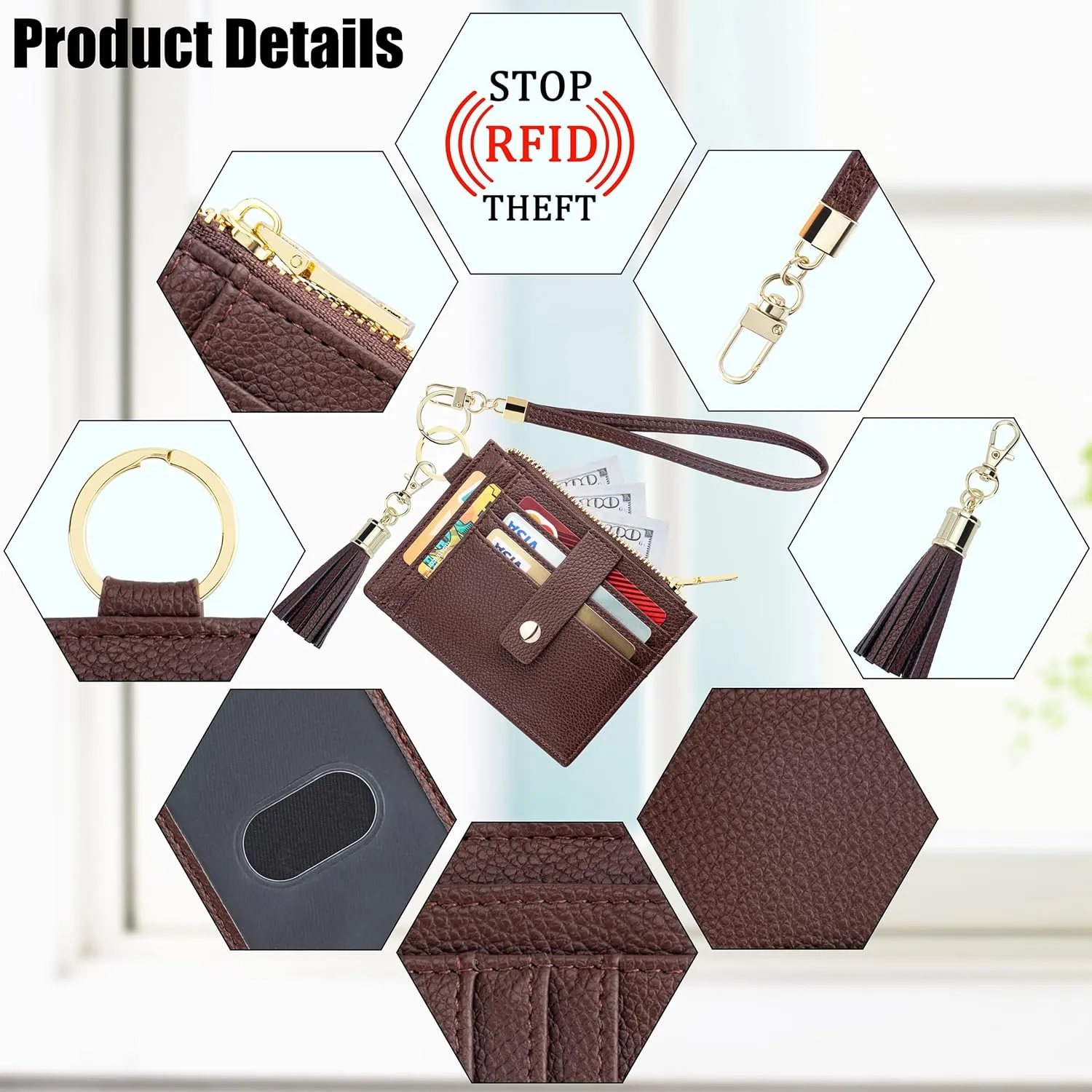 Wristlet Keychain Wallet for Women Slim Rfid Blocking Credit Card Holder Wristlet Wallet Small Compact Leather Wallet for Women (Brown 1)