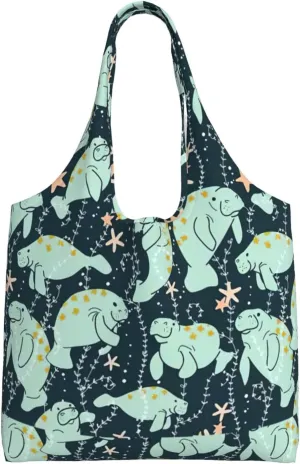WURTON Manatees Animals Calf Print Canvas Tote Bag Travel Tote Bag Shoulder Reusable Grocery Bags Mom Birthday Giving