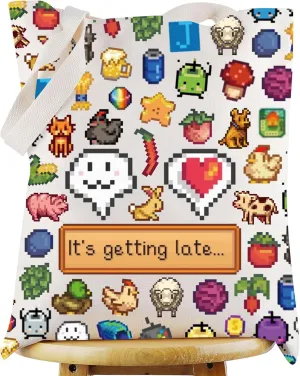 WZMPA Video Game Tote Bag Pelican Town Gift It's Getting Late Shoulder Bag Farm Management Merch