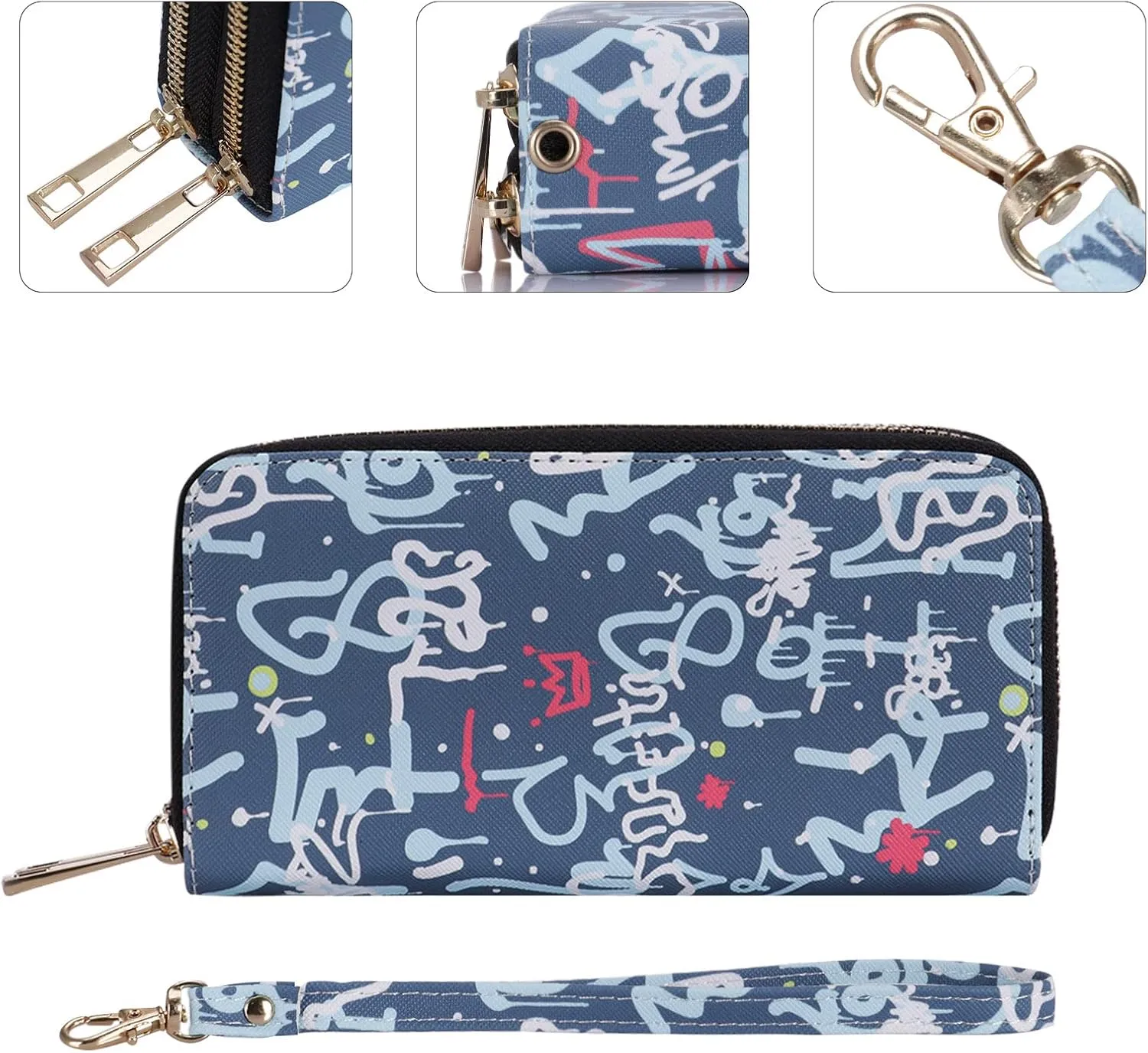 XEYOU Double Zipper Long Clutch Wallet Cellphone Wallet for Women with Removable Wristlet Strap for Credit Card, Cash, Coin, Bill