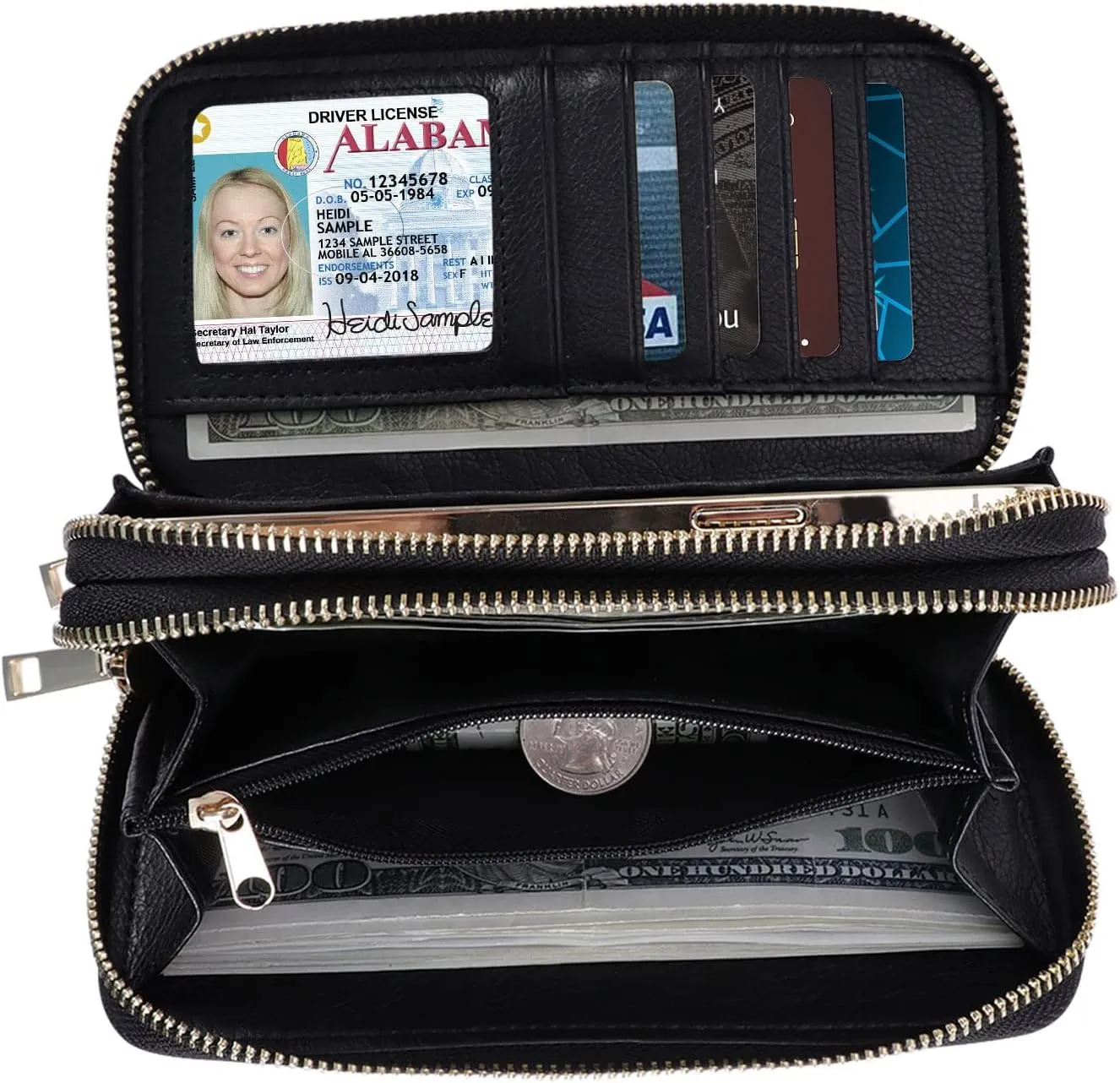 XEYOU Double Zipper Long Clutch Wallet Cellphone Wallet for Women with Removable Wristlet Strap for Credit Card, Cash, Coin, Bill