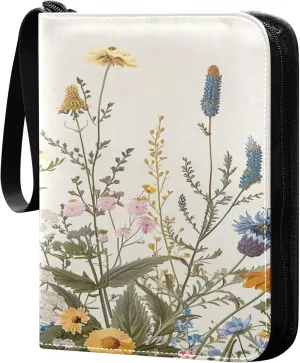 xigua Colorful Herbal Wildflower Card Binder 4-Pockets, Trading Card Binder 400 Pockets Baseball Card Binder Waterproof PU Leather Card Collection Binder for Games Card Album Card