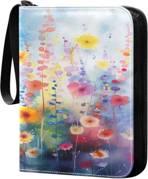 xigua Colorful Herbal Wildflower Card Binder 4-Pockets, Trading Card Binder 400 Pockets Baseball Card Binder Waterproof PU Leather Card Collection Binder for Games Card Album Card