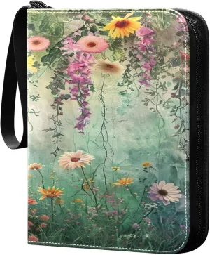 xigua Colorful Herbal Wildflower Card Binder 4-Pockets, Trading Card Binder 400 Pockets Baseball Card Binder Waterproof PU Leather Card Collection Binder for Games Card Album Card