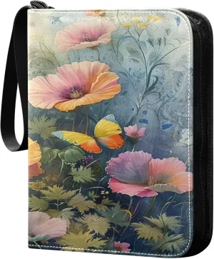 xigua Colorful Herbal Wildflower Card Binder 4-Pockets, Trading Card Binder 400 Pockets Baseball Card Binder Waterproof PU Leather Card Collection Binder for Games Card Album Card