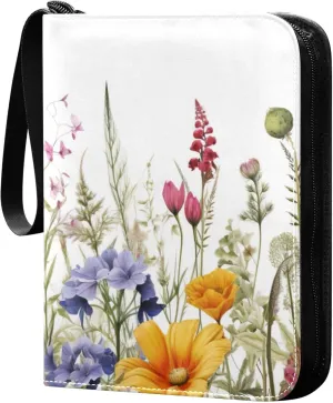 xigua Colorful Herbal Wildflower Card Binder 4-Pockets, Trading Card Binder 400 Pockets Baseball Card Binder Waterproof PU Leather Card Collection Binder for Games Card Album Card
