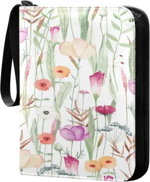 xigua Colorful Herbal Wildflower Card Binder 4-Pockets, Trading Card Binder 400 Pockets Baseball Card Binder Waterproof PU Leather Card Collection Binder for Games Card Album Card