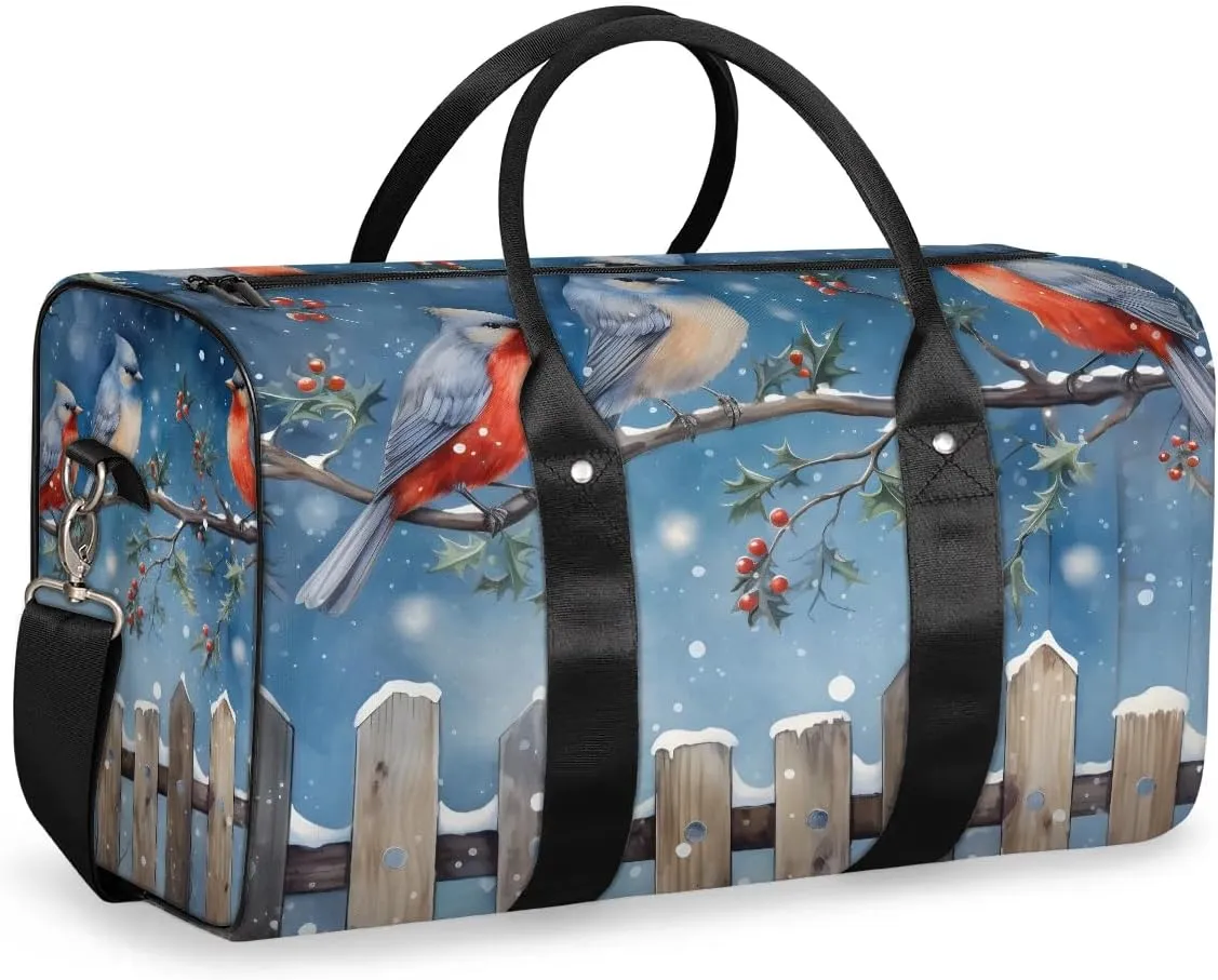 Xmas Snow Bird Travel Duffel Bag for Women Men Waterproof Foldable Overnight Weekender Bag Large Capacity Sports Gym Bag