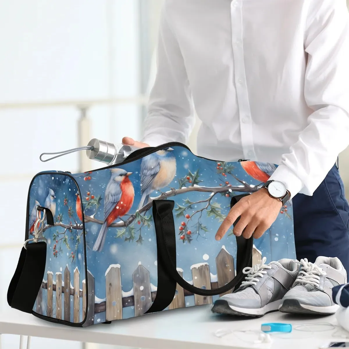 Xmas Snow Bird Travel Duffel Bag for Women Men Waterproof Foldable Overnight Weekender Bag Large Capacity Sports Gym Bag
