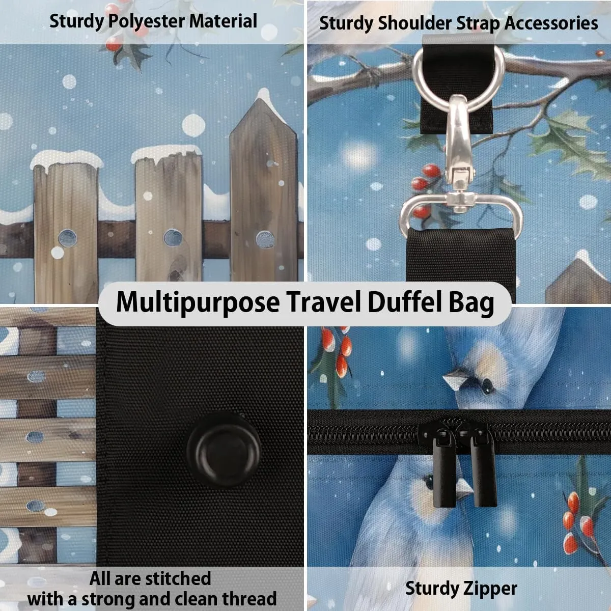 Xmas Snow Bird Travel Duffel Bag for Women Men Waterproof Foldable Overnight Weekender Bag Large Capacity Sports Gym Bag