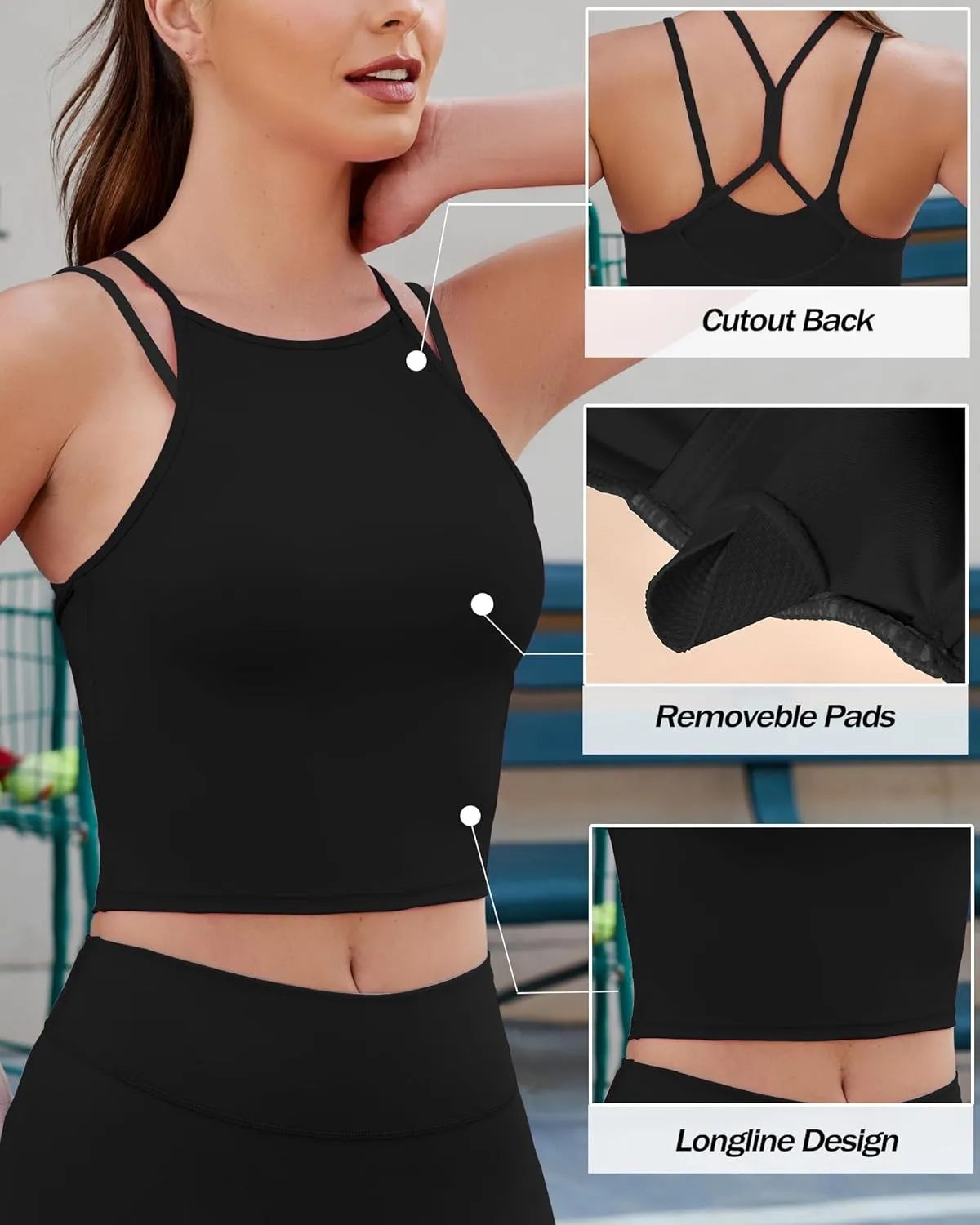 XUNYU Longline Sports Bras for Women High Support Strappy Workout Tank Tops with Built in Bra Padded Crop Yoga Top Gym