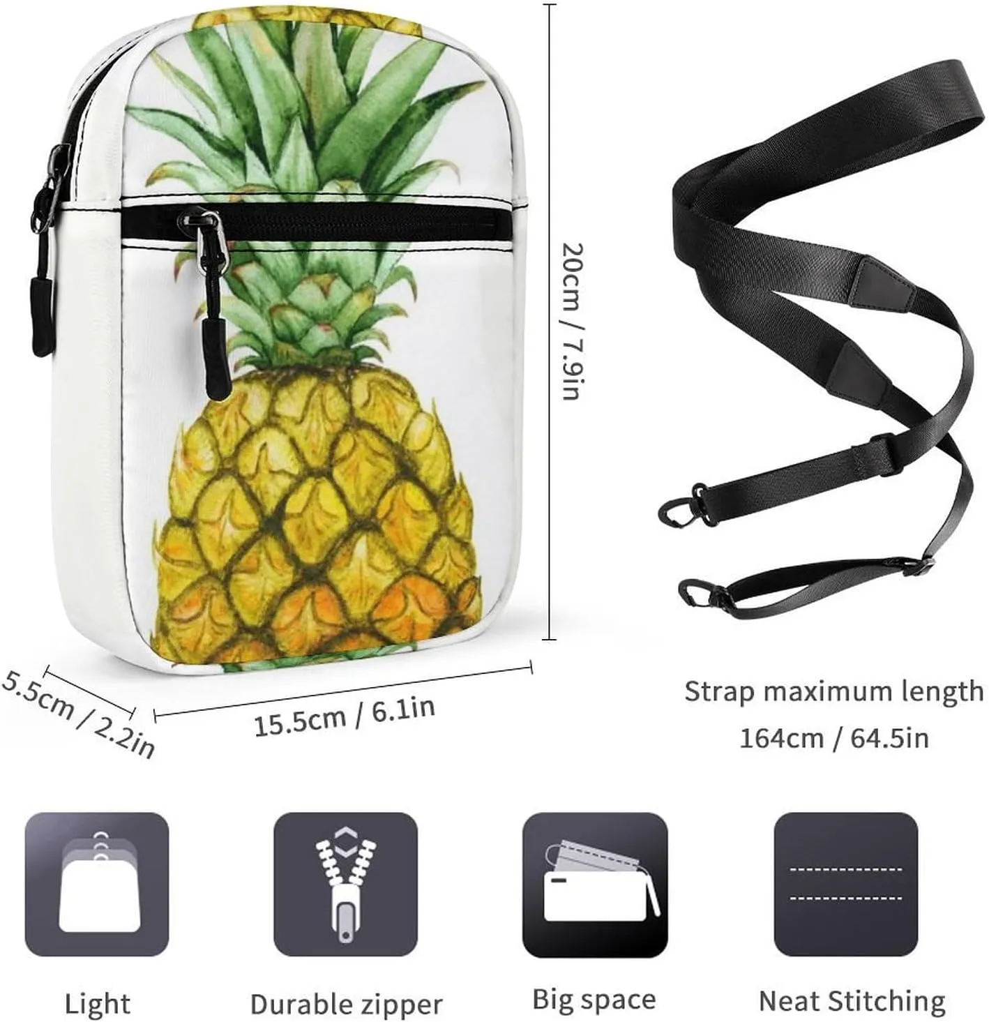 Yellow Pineapple Isolated on White Adjustable Fanny Waist Pack Pouch, Waterproof Crossbody Runners Bag Wallet for Gym Hiking Fitness Women Men 6.1 x 2.2 x 7.9 inch