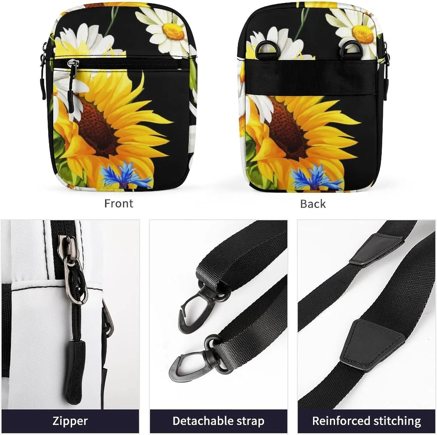 Yellow Sunflower, White Chamomile, Blue Cornflower on Black Adjustable Fanny Waist Pack Pouch, Waterproof Crossbody Runners Bag Wallet for Gym Hiking Fitness Women Men 6.1 x 2.2 x 7.9 inch