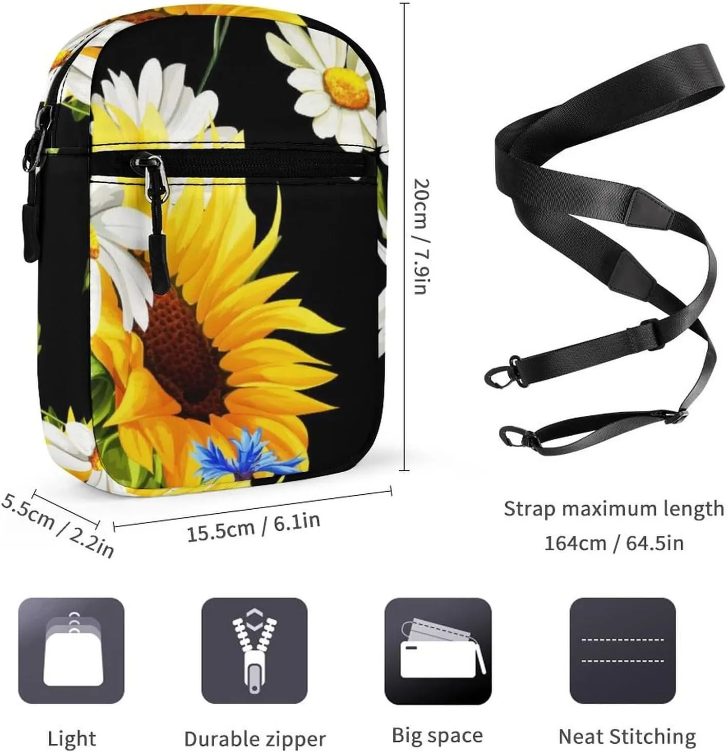 Yellow Sunflower, White Chamomile, Blue Cornflower on Black Adjustable Fanny Waist Pack Pouch, Waterproof Crossbody Runners Bag Wallet for Gym Hiking Fitness Women Men 6.1 x 2.2 x 7.9 inch