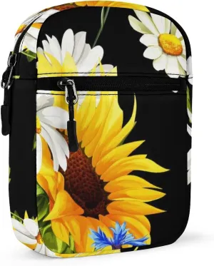 Yellow Sunflower, White Chamomile, Blue Cornflower on Black Adjustable Fanny Waist Pack Pouch, Waterproof Crossbody Runners Bag Wallet for Gym Hiking Fitness Women Men 6.1 x 2.2 x 7.9 inch