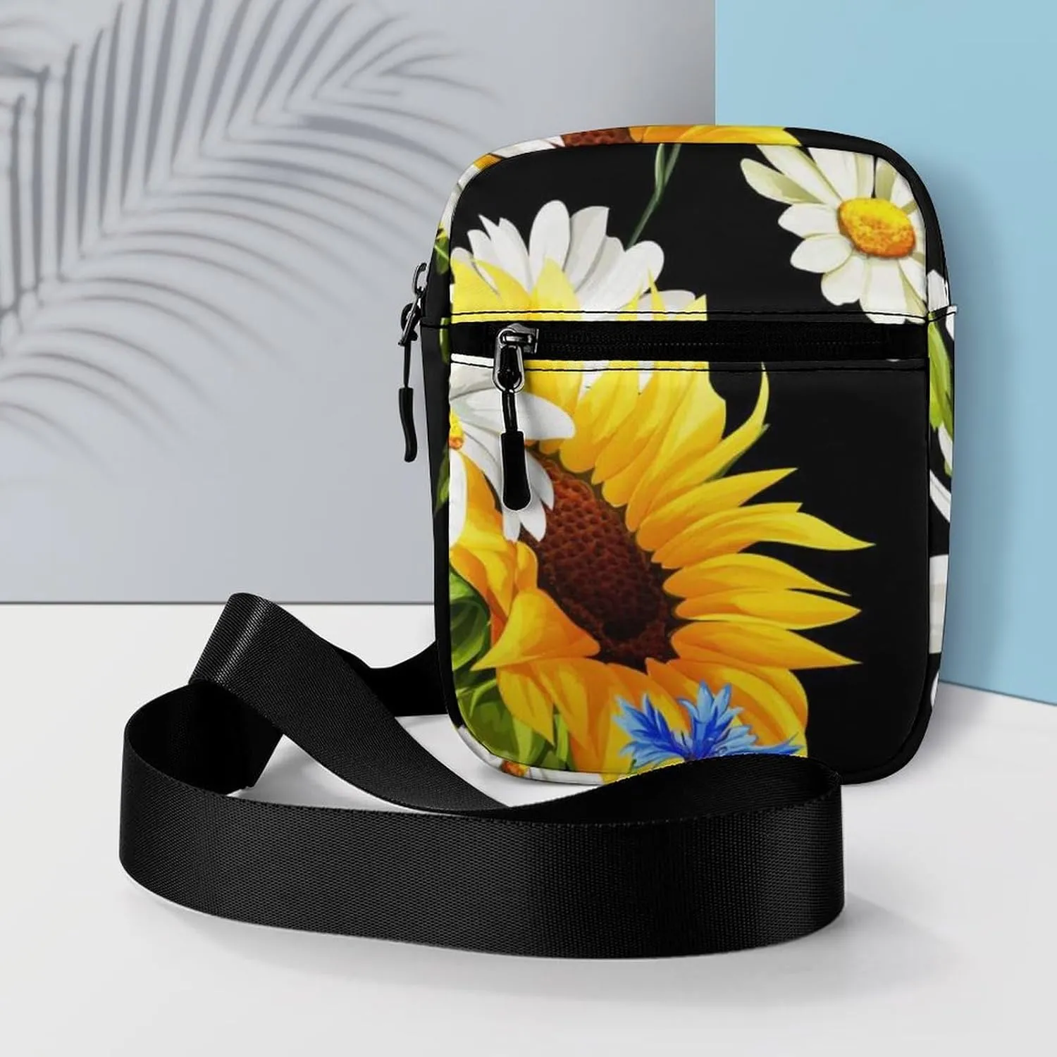 Yellow Sunflower, White Chamomile, Blue Cornflower on Black Adjustable Fanny Waist Pack Pouch, Waterproof Crossbody Runners Bag Wallet for Gym Hiking Fitness Women Men 6.1 x 2.2 x 7.9 inch