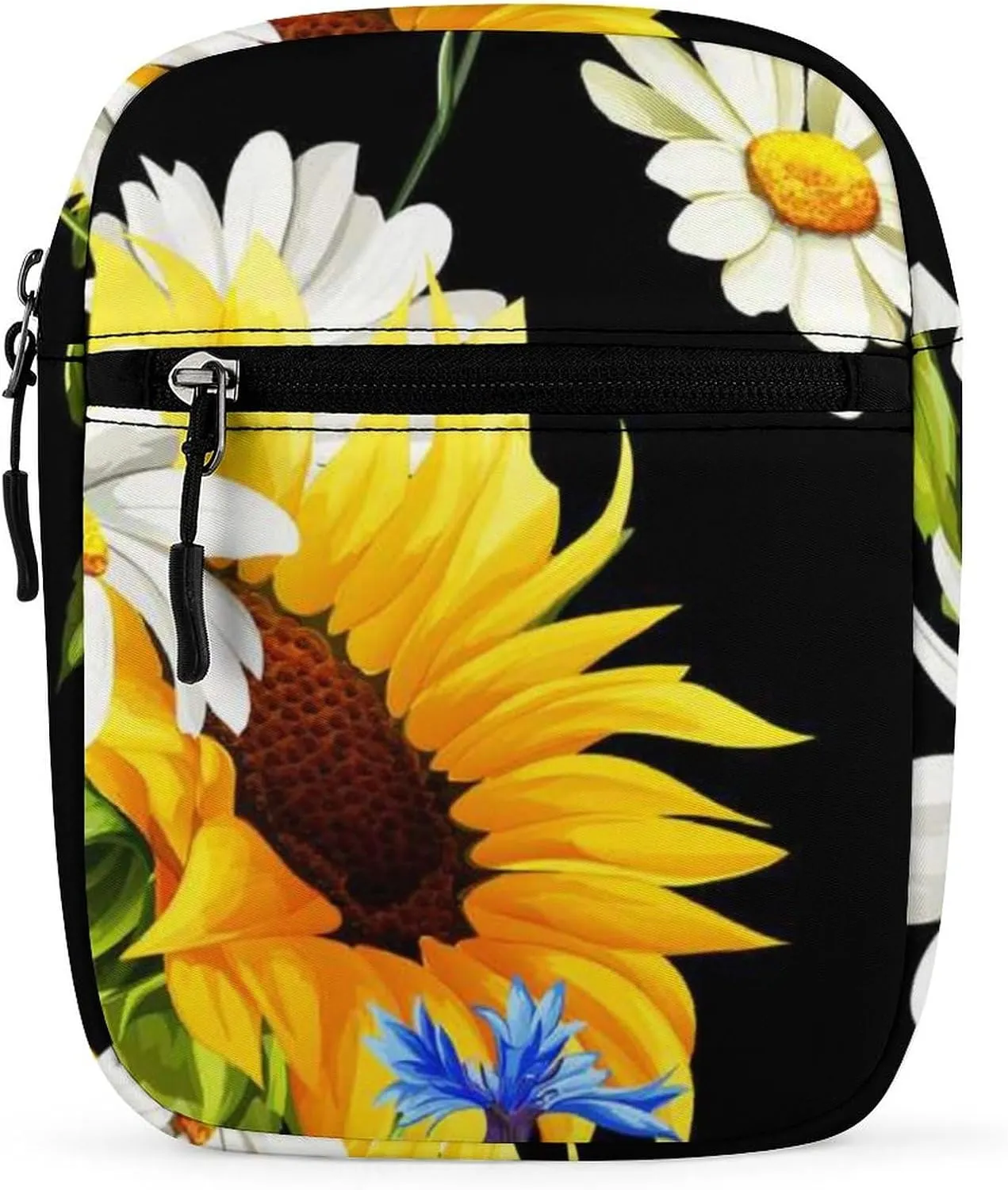 Yellow Sunflower, White Chamomile, Blue Cornflower on Black Adjustable Fanny Waist Pack Pouch, Waterproof Crossbody Runners Bag Wallet for Gym Hiking Fitness Women Men 6.1 x 2.2 x 7.9 inch